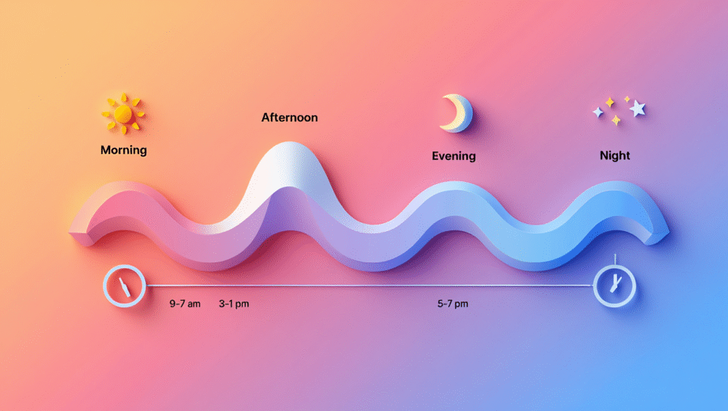 Infografica che illustra i ritmi circadiani, con le fasce orarie ottimali per concentrazione, riposo e performance