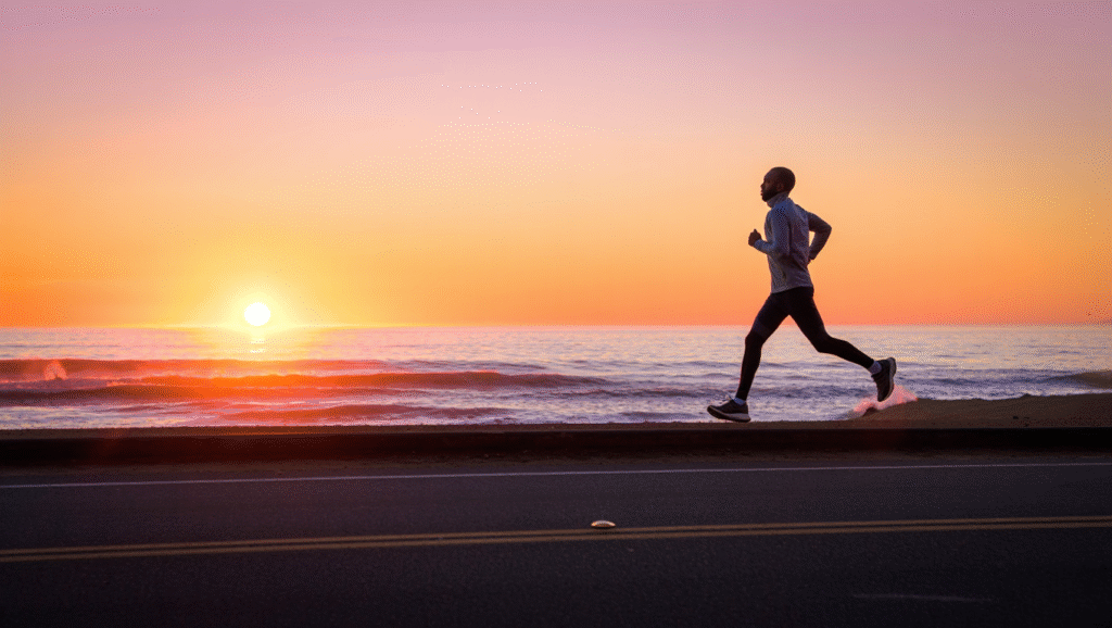 Studente atleta che corre all’alba per iniziare la giornata con disciplina e chiarezza mentale