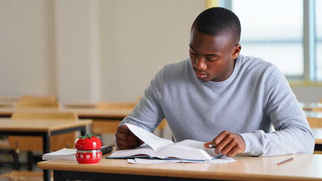 Tecnica del Pomodoro applicata allo studio: timer da cucina accanto a uno studente concentrato sui libri