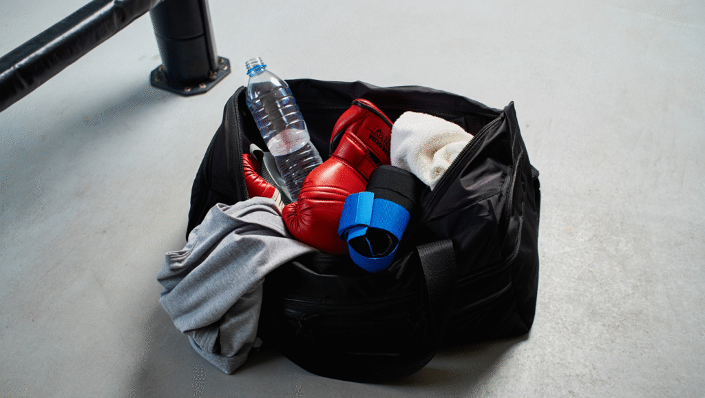 Borsone sportivo di uno studente-atleta aperto sul pavimento, simbolo di una giornata intensa tra studio e allenamento