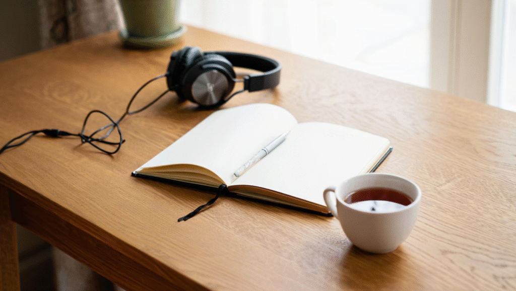 Errori Comuni: Quando la Musica Diventa una Distrazione LDF-BLOG Cuffie con parole fluttuanti che rappresentano il sovraccarico sensoriale - l'importanza di scegliere la giusta musica classica per la concentrazione