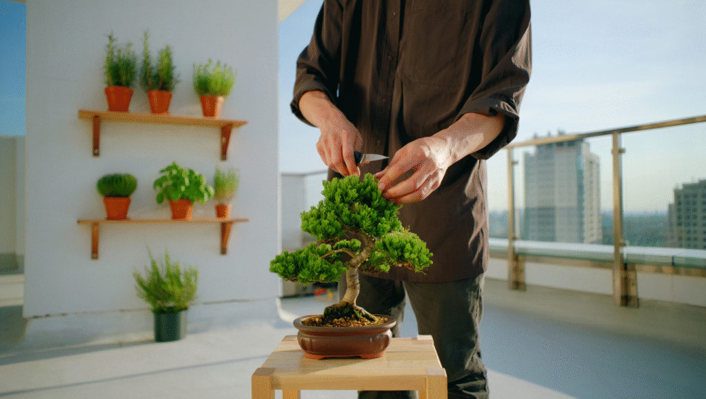 Pratiche di Riconnessione: Dalla Foresta al Davanzale LDF-BLOG Cura mindful di un bonsai su terrazza urbana con piante aromatiche. Contatto quotidiano con la natura come pratica di riduzione dello stress e disconnessione digitale.