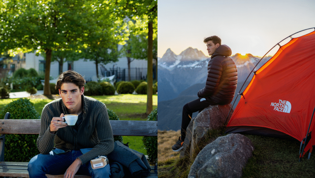 La Differenza tra Esposizioni Brevi e Immersioni Profonde LDF-BLOG Confronto tra pausa caffè urbana e immersione nella natura: a sinistra persona in pausa su panchina di città, a destra escursionista che ammira l'alba dalle montagne. Digital detox e benefici rigeneranti della natura.