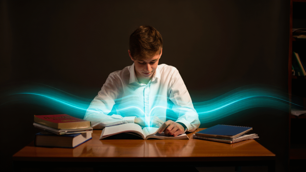 Stato di Flow e Musica: Come Mozart Sblocca la Tua Concentrazione LDF-BLOG Persona in stato di flow profondo durante lo studio, circondata da aura blu-verde - musica classica che favorisce la concentrazione profonda