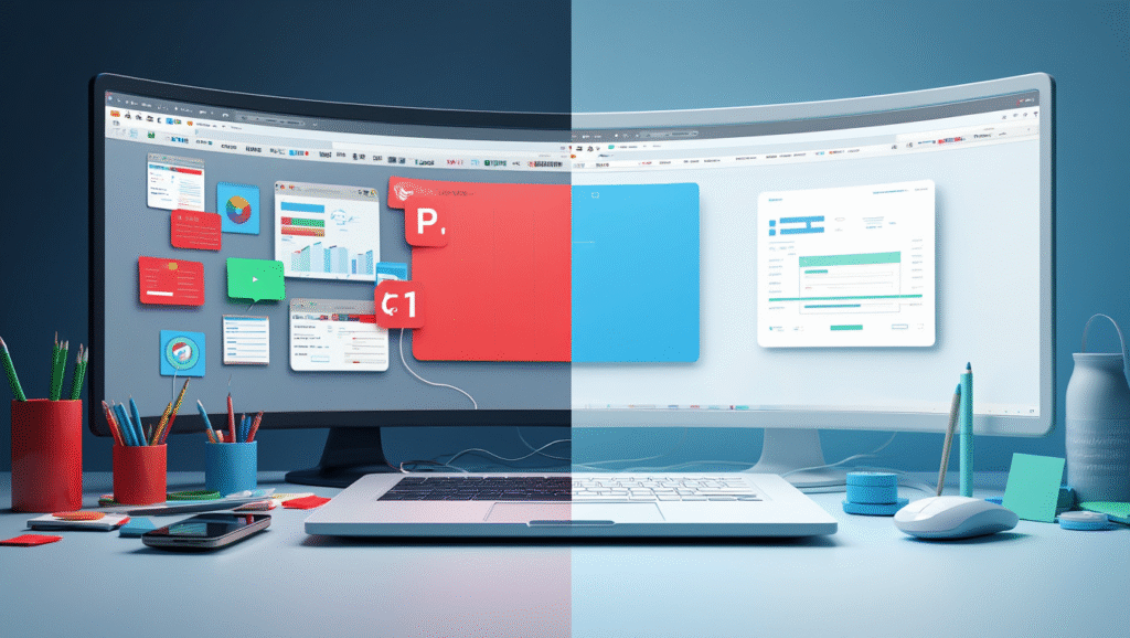 La Mia Esperienza Personale: Come Il Monotasking Ha Salvato Il Mio Blog LDF-BLOG Multitasking vs monotasking: confronto tra scrivania digitale caotica con molte applicazioni aperte e setup minimalista organizzato per la produttività focalizzata