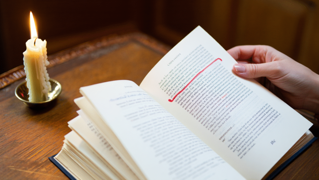 Libro aperto con frase sottolineata in un'atmosfera raccolta, rappresentazione del potere delle parole per la crescita personale e l'introspezione