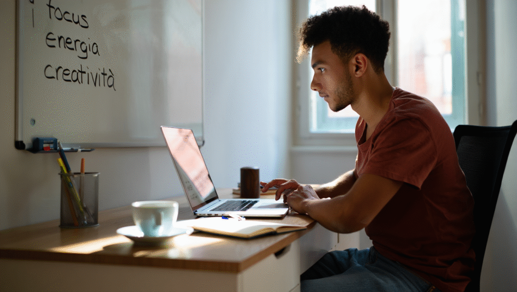 I 5 benefici scientificamente provati dell'alzarsi presto che hanno trasformato la mia vita LDF-BLOG Benefici dell'alzarsi presto: giovane concentrato al laptop nella luce mattutina con caffè fumante e lavagna che evidenzia focus, energia e creatività. Vantaggi scientifici della routine mattutina per la produttività.