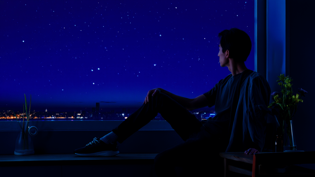 Individuo seduto in meditazione sotto un cielo stellato, pratica di introspezione e auto-consapevolezza per superare momenti di incertezza nella vita
