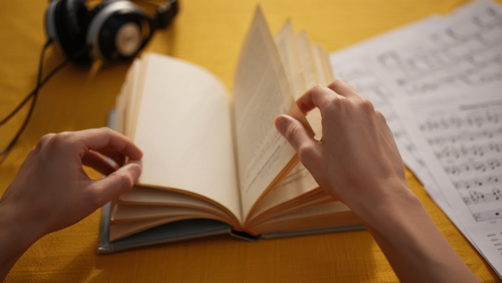 La Mia Svolta: Quando la Musica Classica ha Trasformato il Mio Studio LDF-BLOG Mani che sfogliano un libro con cuffie e spartito sullo sfondo - musica classica per studiare efficacemente con maggiore concentrazione