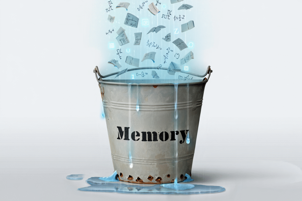 Il Costo Nascosto del Task-Switching LDF-BLOG Metafora della capacità di concentrazione compromessa: secchio etichettato 'Memoria' che perde informazioni, rappresentando come il multitasking riduca l'efficienza cognitiva