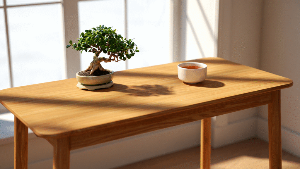 Cosa è Successo Quando Sono Tornato alla Natura LDF-BLOG Scrivania minimalista in legno con bonsai e tazza di tè vicino alla finestra. Spazio di lavoro che integra elementi naturali per migliorare concentrazione e ridurre tecnostress.