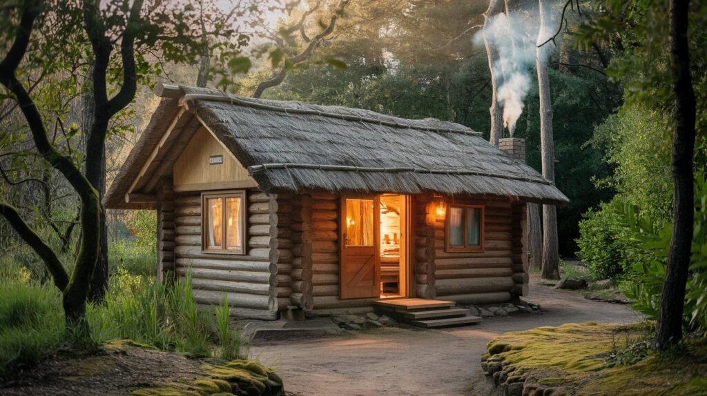 Il Ritorno a Sé Attraverso la Natura LDF-BLOG Capanna in legno immersa nella natura con fumo che sale dal comignolo all'alba. Rifugio nella natura come simbolo di ritrovamento di sé, disconnessione digitale e ritorno all'essenziale per il benessere mentale.