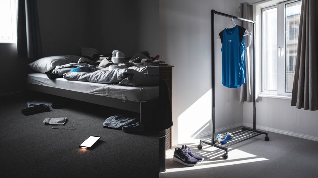 Da Nottambulo Incallito a Maestro dell’Alba LDF-BLOG Trasformazione da gufo a allodola: confronto tra camera disordinata di un nottambulo e stanza luminosa organizzata di un mattiniero con outfit sportivo pronto. Come diventare mattinieri anche quando si è naturalmente nottambuli.