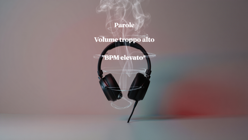 Onde Cerebrali e Musica Classica: Creazione del Tuo Rituale di Studio LDF-BLOG Cuffie con parole fluttuanti che rappresentano il sovraccarico sensoriale - l'importanza di scegliere la giusta musica classica per la concentrazione