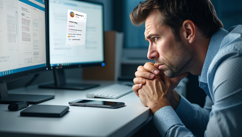 La Scienza Dietro il Fallimento del Multitasking LDF-BLOG Lotta per il focus mentale: persona che tenta di concentrarsi al computer mentre il cellulare vibra con notifiche, illustrando gli effetti negativi del multitasking sulla produttività
