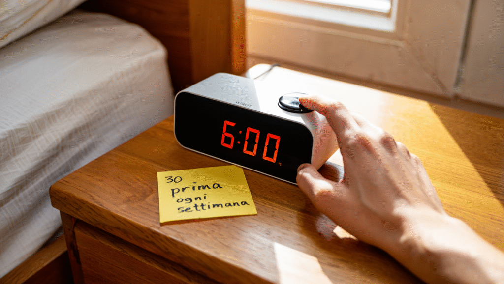 5 Tecniche Pratiche per Diventare Mattinieri LDF-BLOG Sveglia alle 6:00 con promemoria 'anticipa di 30 minuti ogni settimana'. Metodo per passare da nottambulo a mattiniero in modo graduale senza sentirsi stanchi, trasformando l'abitudine di svegliarsi presto.
