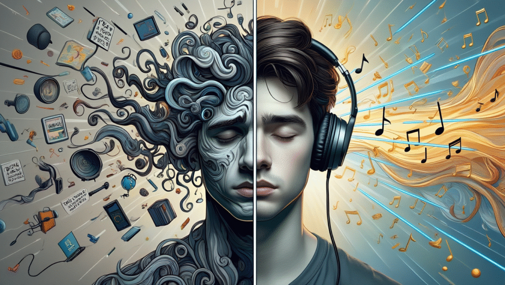 Silenzio vs Musica: Perché la Musica Classica Amplifica l'Attenzione LDF-BLOG Confronto visivo dell'effetto della musica classica sulla mente: lato distratto senza musica, lato concentrato con cuffie - musica per concentrarsi meglio durante lo studio
