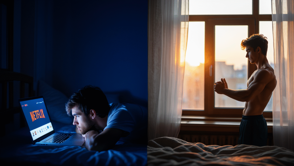 Gufi vs Allodole: la Scienza del Ritmo Circadiano e Come Modificarlo LDF-BLOG Confronto ritmo circadiano: persona 'gufo' che guarda Netflix a tarda notte vs 'allodola' che fa stretching all'alba. Differenze tra cronotipi e come adattare la routine mattutina al proprio orologio biologico.