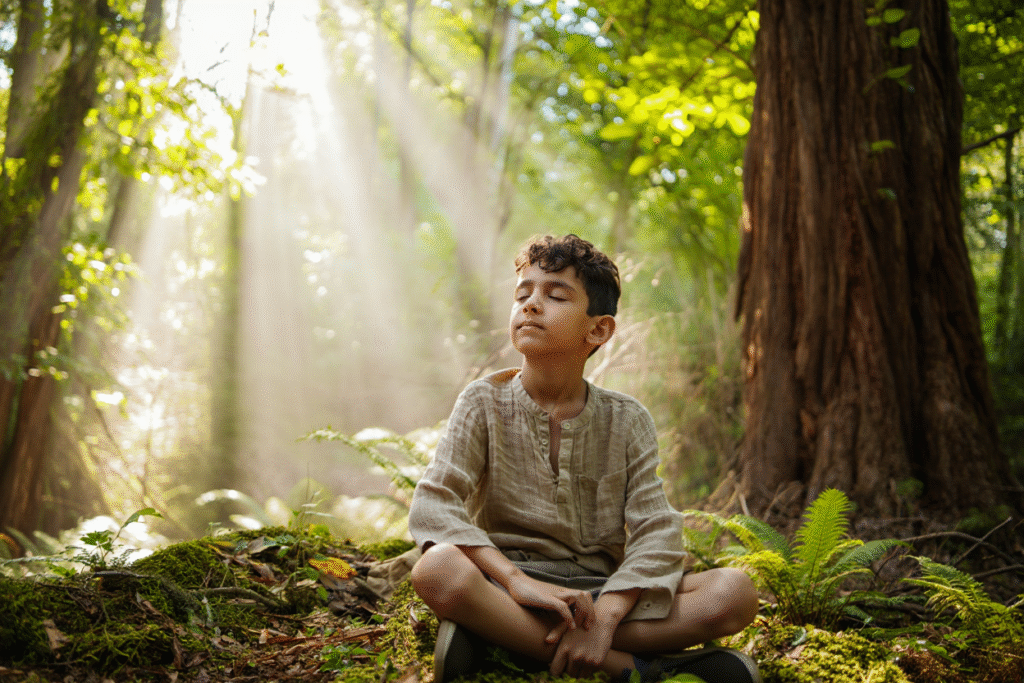 La Scienza Parla: Benefici Misurabili del Contatto con la Natura LDF-BLOG Persona immersa nella foresta con luce dorata che filtra tra gli alberi, rappresentazione visiva dei fitoncidi benefici. Effetto rigenerante della natura sul benessere mentale e fisico.
