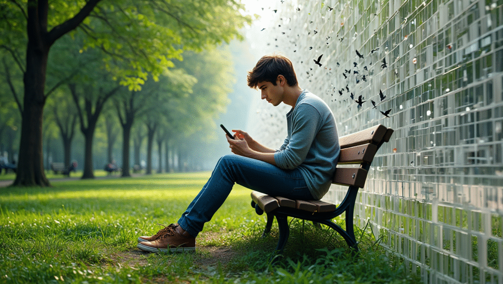 Il Problema - Disconnessione da Sé nell'Era Digitale LDF-BLOG Giovane assorbito dallo smartphone mentre la natura attorno a lui sbiadisce e scompare. Visualizzazione del tecnostress e dell'importanza della disconnessione digitale per il benessere.