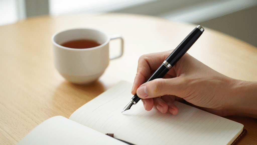 Mano che pratica journaling accanto a una tazza di tè, strumento pratico per benessere emotivo e auto-consapevolezza in momenti di incertezza