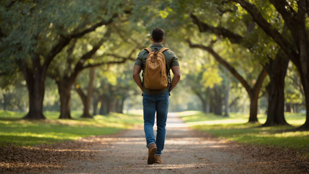 Persona che cammina in solitudine in un ambiente naturale, tecnica di mindfulness per ritrovare motivazione personale e dialogo interiore positivo