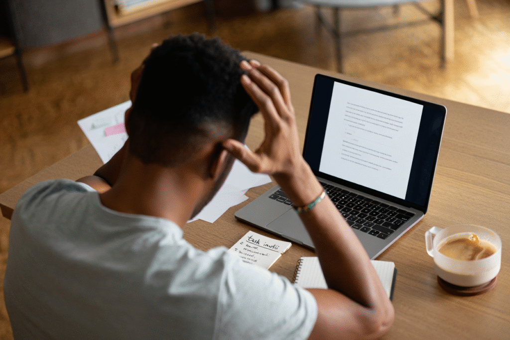 La Storia del Blog che Non Voleva Nascere Studente frustrato con mani nei capelli davanti a documento vuoto - procrastinazione e paura di iniziare progetti importanti