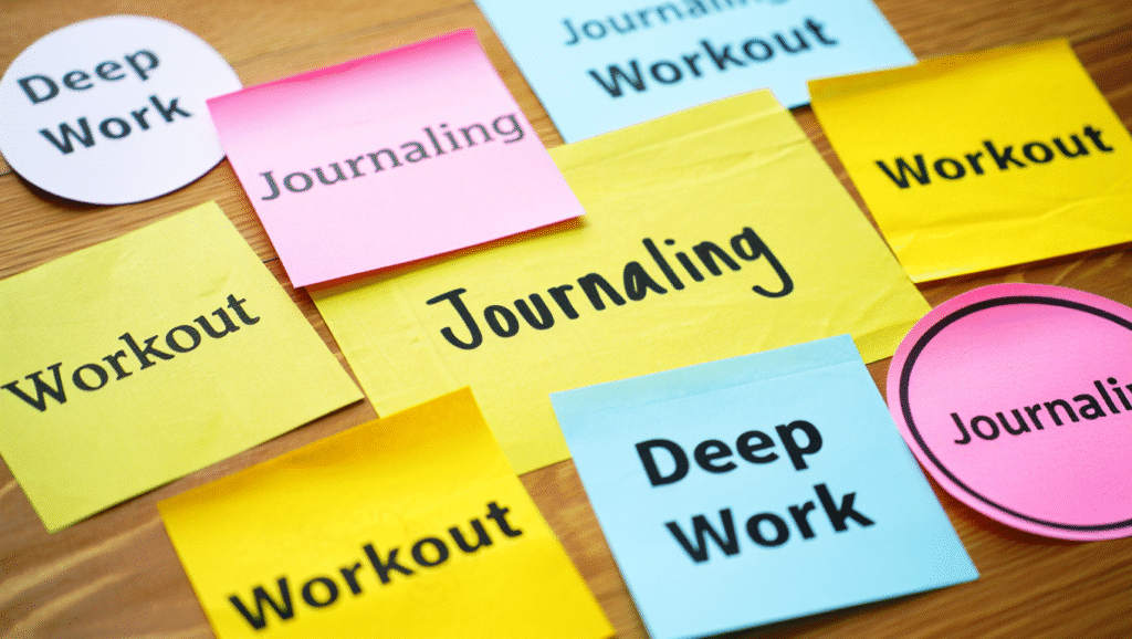 Anatomia di una Routine Flessibile LDF-BLOG Post-it colorati con attività 'Journaling', 'Workout', 'Deep Work' disposti come puzzle - costruire routine personale modulare