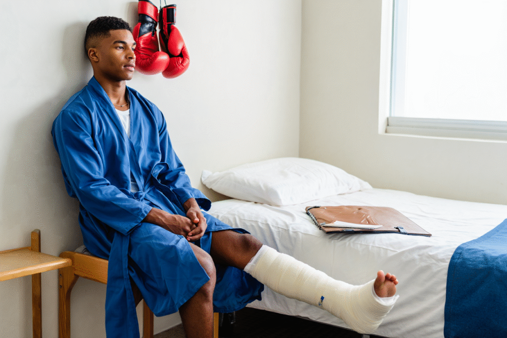 Atleta con gesso e guantoni da boxe in ospedale - sport riscatto sociale e motivazione personale nel recupero