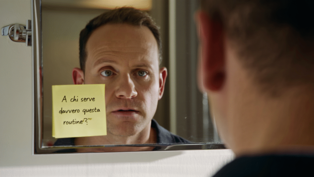 La Routine che È Davvero Tua LDF-BLOG Post-it con domanda 'A chi serve davvero questa routine?' su specchio bagno - riflessione critica su abitudini personali efficaci