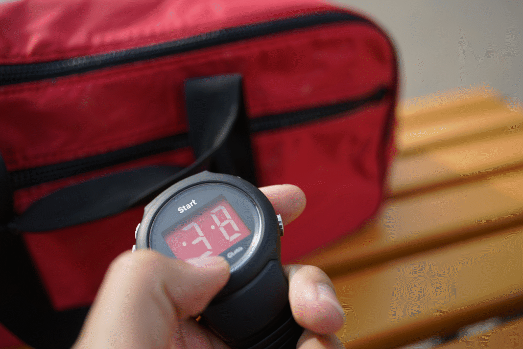La Regola dei 3 Secondi: Come Hackerare il Tuo Cervello Dito che preme pulsante start su cronometro sportivo - momento simbolico per smettere di procrastinare e passare all'azione
