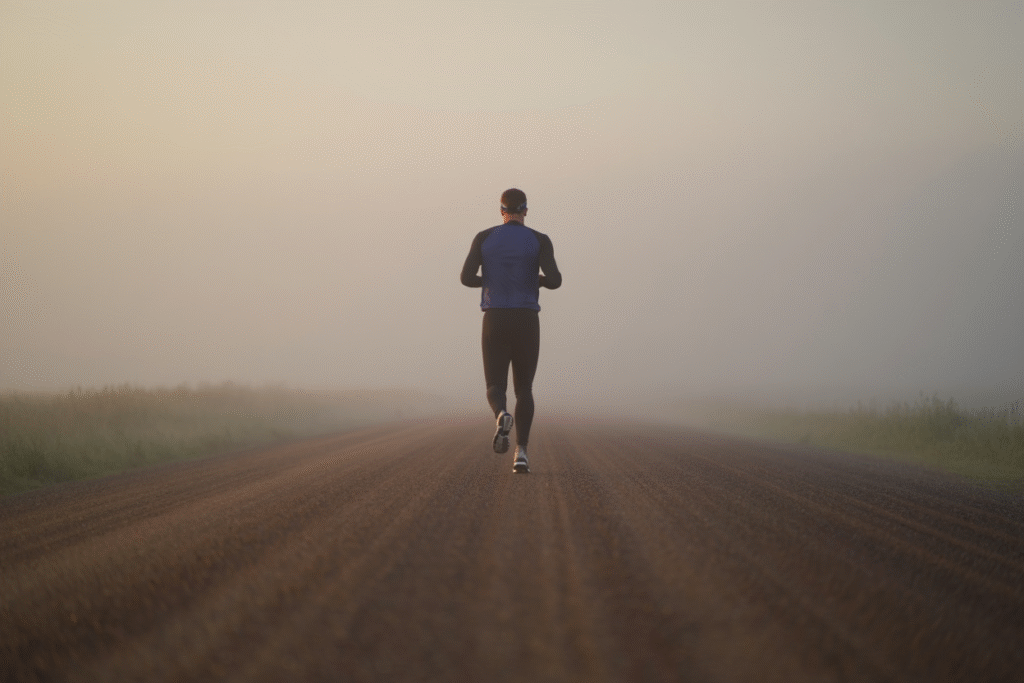 Atleta cammina nella nebbia all'alba - superare momenti difficili verso nuovi obiettivi di crescita
