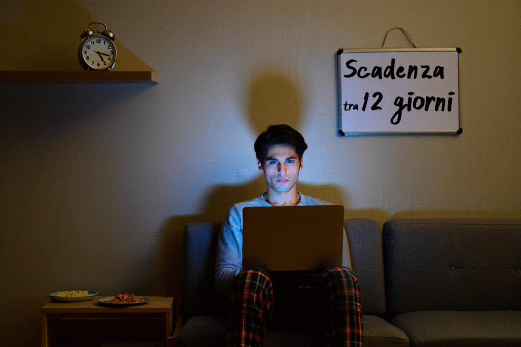 Anatomy of a Procrastinator: Quando il Panic Monster Dorme Ragazzo in pigiama guarda video YouTube con scadenza a 12 giorni sulla lavagna - procrastinazione a lungo termine senza panic monster