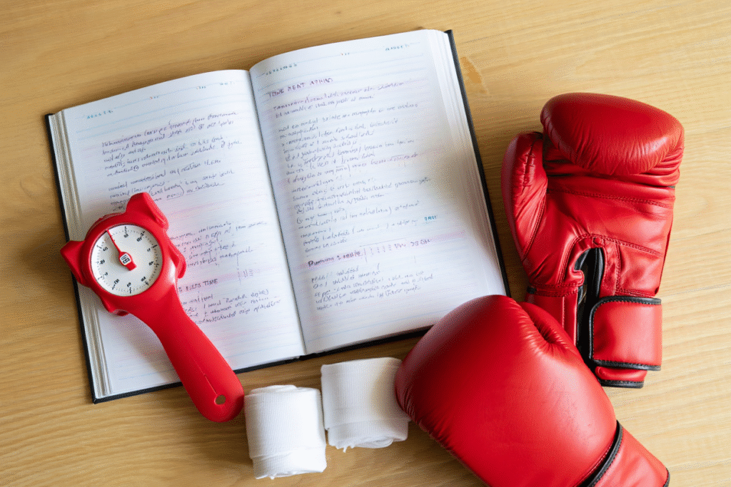 Timer rosso, diario allenamento e guantoni boxe su tavolo - disciplina sportiva crescita carattere quotidiana