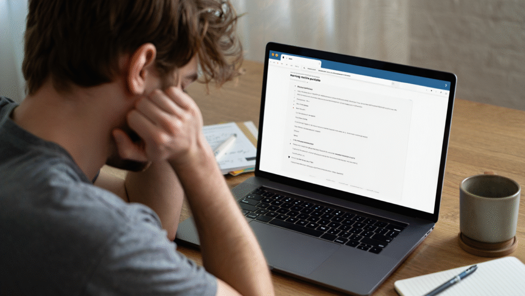 Il Mito della Routine Perfetta LDF-BLOG Persona stanca davanti a laptop con articolo 'morning routine perfetta' - contrasto tra routine ideale e realtà quotidiana