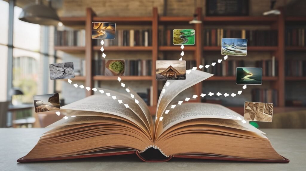 La Scienza del Cambiamento: Dopamina e Neuroplasticità in Movimento LDF-BLOG Libro aperto con percorsi mentali tridimensionali che conducono a boschi, città e biblioteche - creatività e viaggio per sblocco mentale