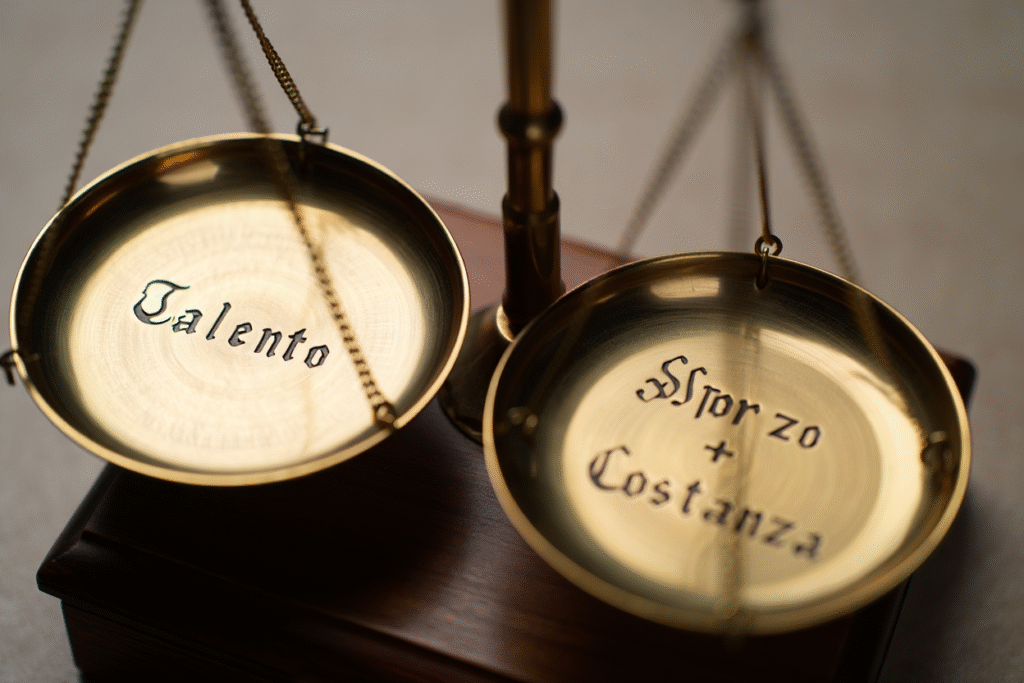 Bilancia mostra grinta perseveranza supera talento - mindset crescita personale e costanza negli obiettivi