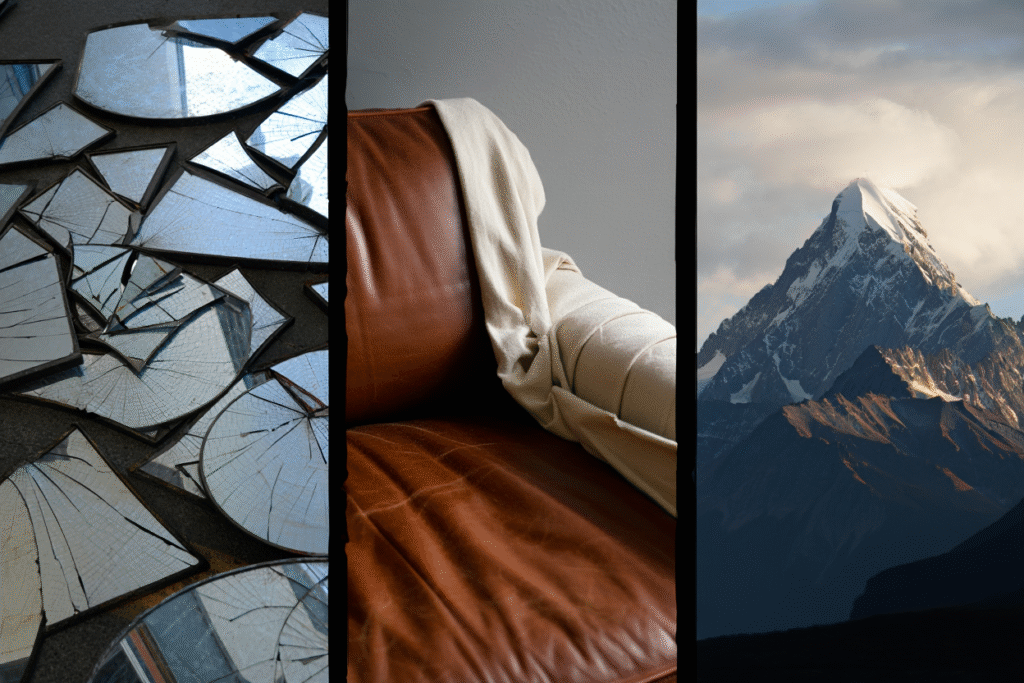 Le Tre Facce della Procrastinazione che Uccide i Sogni Tre immagini simboliche: specchi rotti, divano comfort e montagna - rappresentazione visiva di confusione mentale e autosabotaggio nei progetti