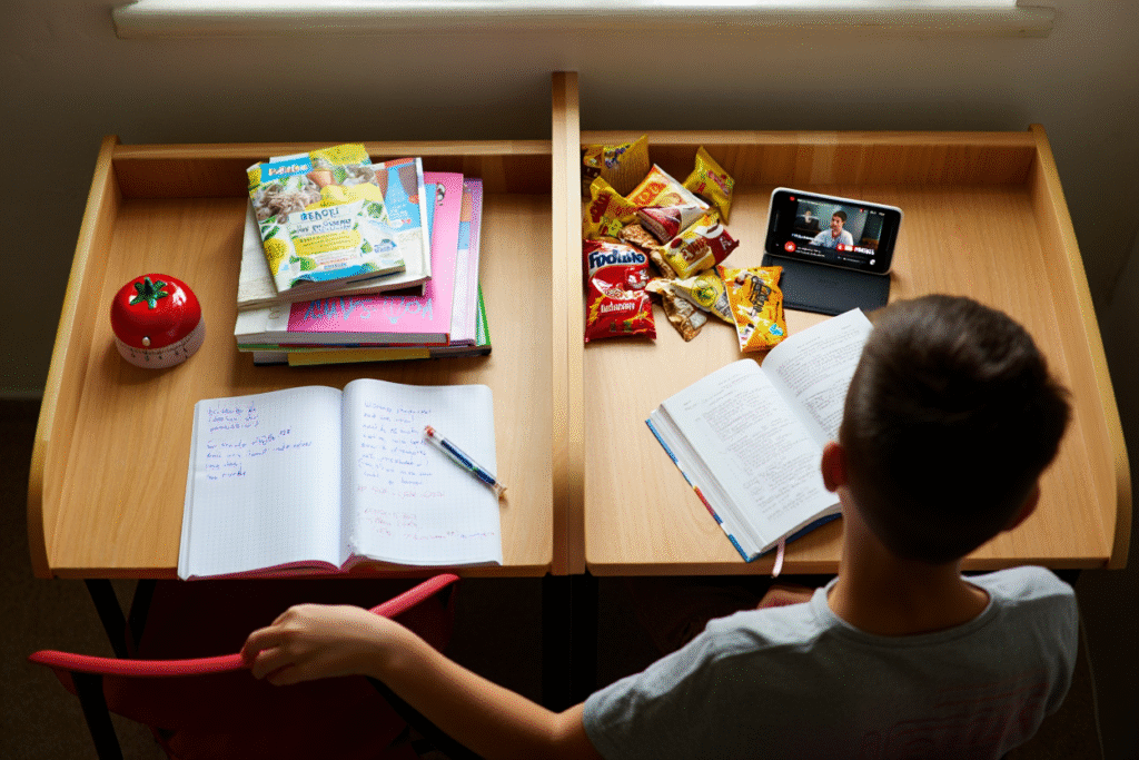 L'Instant Gratification Monkey: Il Tuo Peggior Coinquilino Scrivania divisa tra libri ordinati e smartphone con video - lotta tra concentrazione e instant gratification nella gestione del tempo