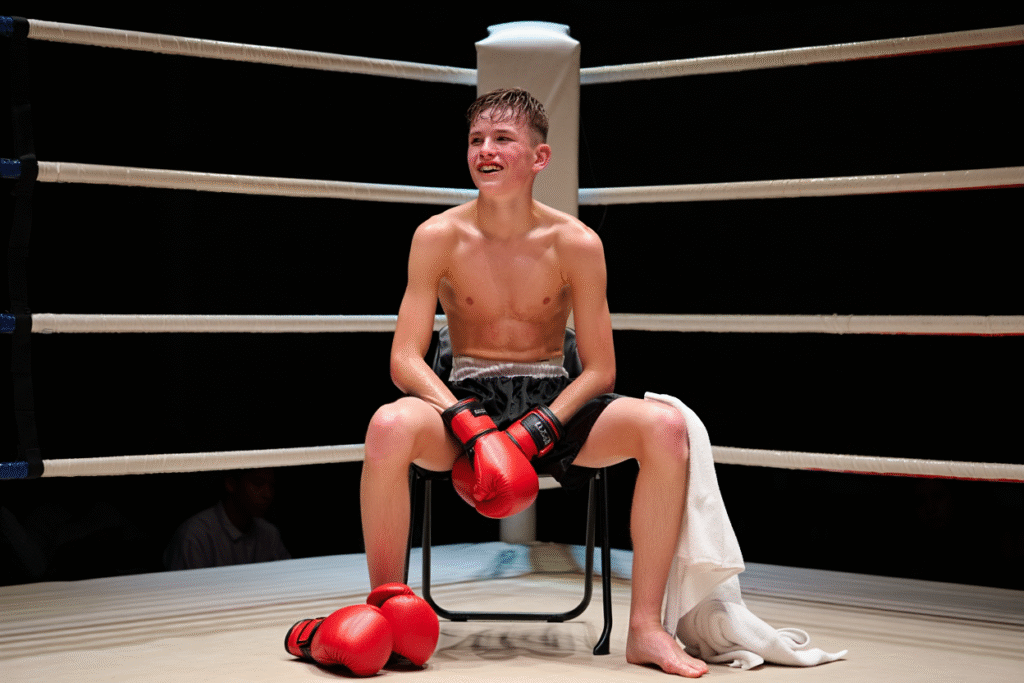 Pugile adolescente sorridente seduto in ring dopo allenamento - sport trasformazione mentale e formazione carattere