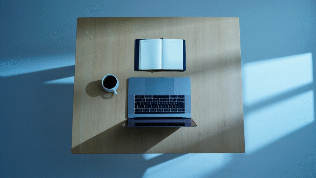 Il Momento del Risveglio: Quando la Routine Diventa Prigione LDF-BLOG Scrivania ordinata con laptop, caffè e agenda vuota vista dall'alto - blocco creativo e stallo mentale da routine