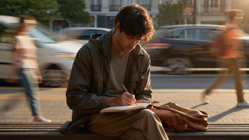 Quando Tutto Cambia (Di Nuovo) LDF-BLOG Persona che scrive in diario su panchina urbana mantenendo focus nonostante il movimento cittadino - routine sostenibile in movimento