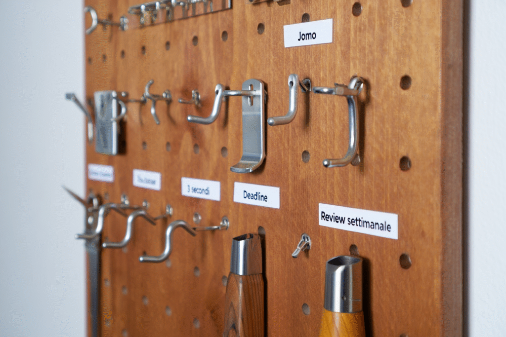 Il Sistema Completo per Passare all'Azione Bacheca in legno con etichette organizzative e parole-chiave motivazionali - sistema per superare la paura di fallire e gestione mentale