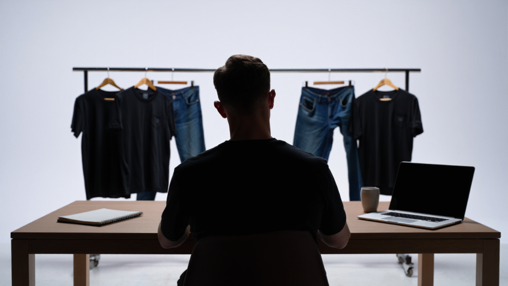 Routine minimale con magliette identiche e scrivania essenziale - minimalismo mentale per focus e produttività studenti