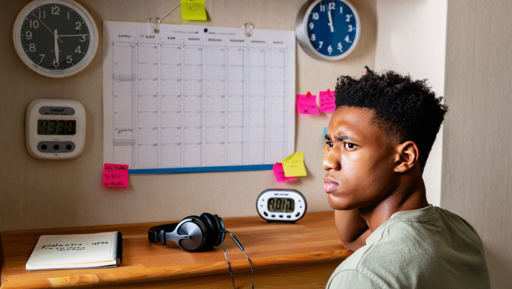Studente frustrato alla scrivania con planner disordinato e sveglie multiple - organizzazione studio e gestione tempo per atleti