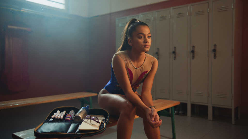 Ginnasta in concentrazione pre-gara con attrezzatura essenziale - mental training e focus selettivo per performance atletiche