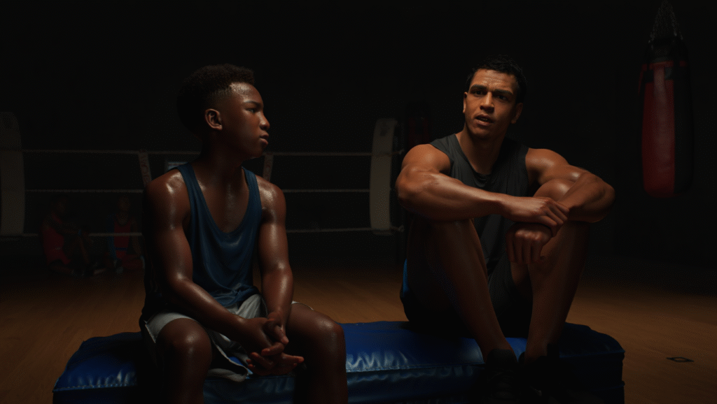 Pugile in momento di riflessione con coach in palestra di boxe - rappresenta la trasformazione dal confronto esterno alla crescita personale attraverso la guida mentale