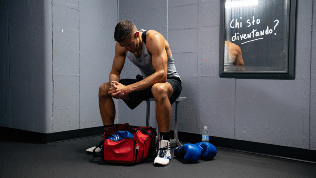 Atleta in riflessione nello spogliatoio con guantoni da boxe, momento di autodisciplina e costruzione identità personale vincente
