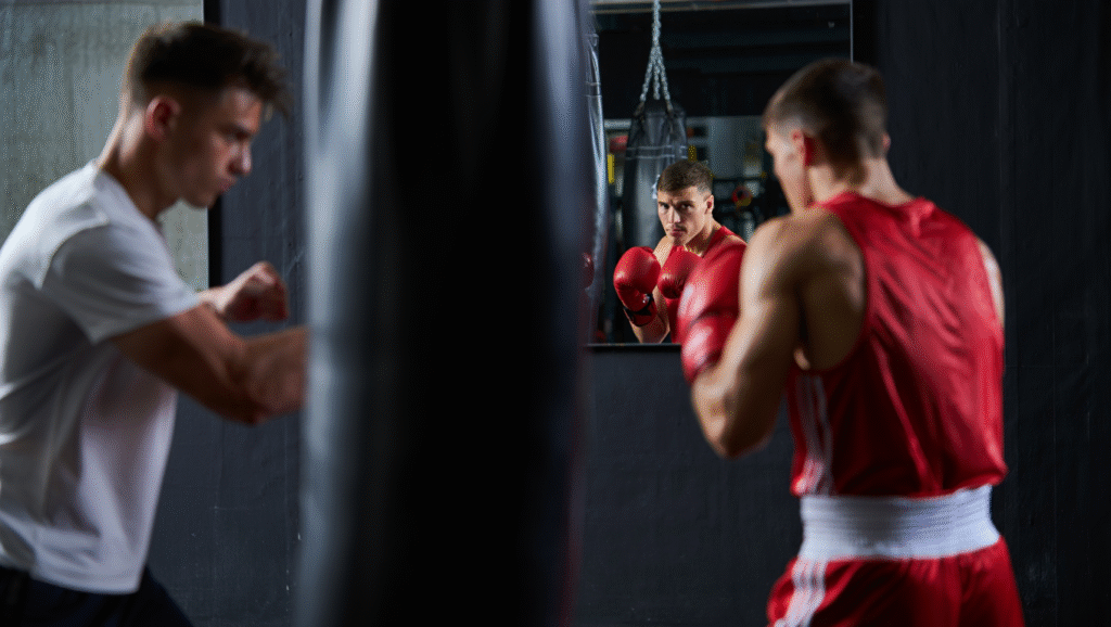 Overt vs Covert: I Due Tipi di Attenzione Che Non Conoscevi Esercizi concentrazione sport pugilato - atleta allena attenzione covert guardando coach nello specchio durante allenamento