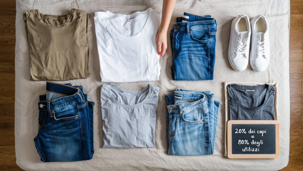 Vista dall'alto capsule wardrobe con 3 jeans e 4 t-shirt neutre disposte ordinatamente - principio 80/20 abbigliamento